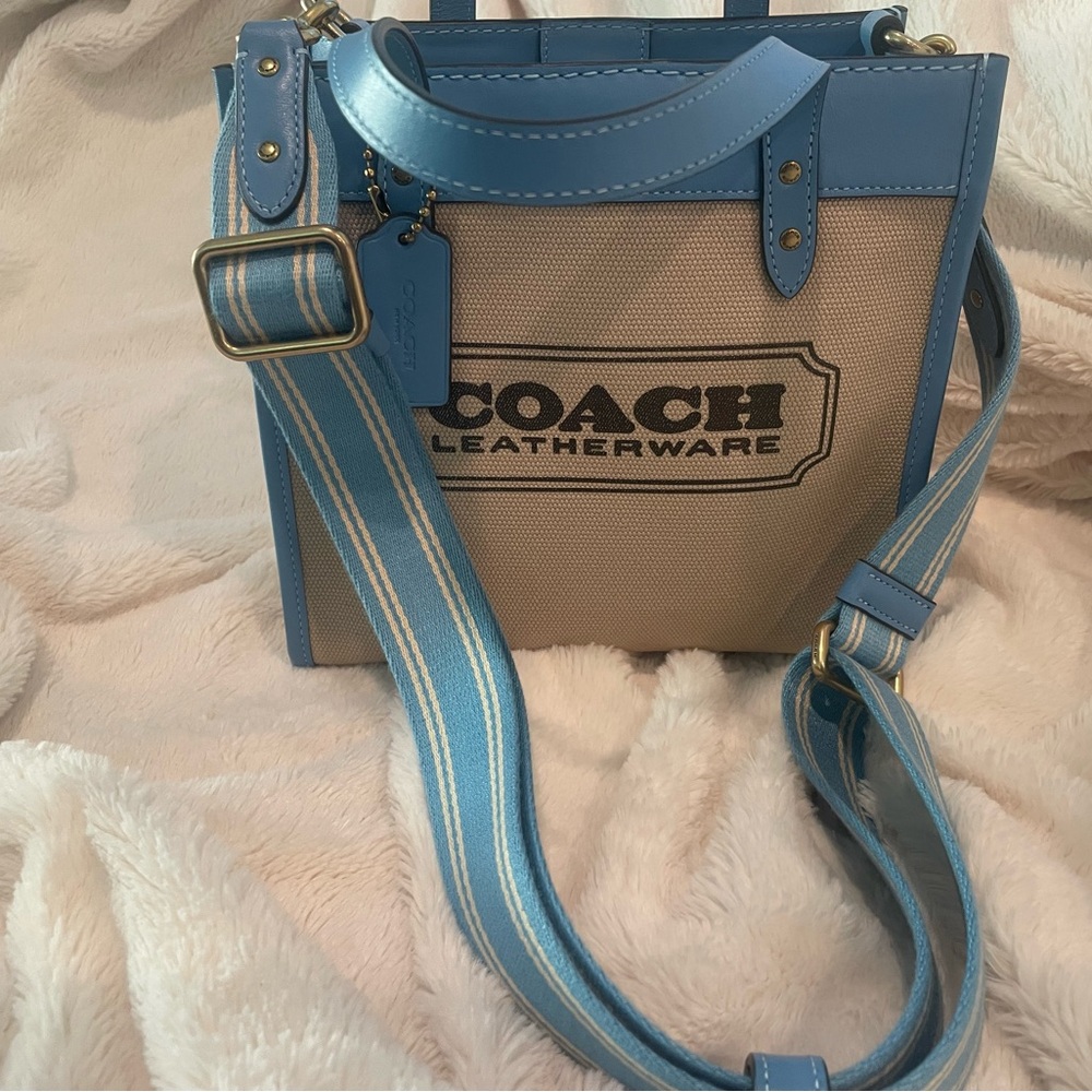 COACH Blue Trim Tan Canvas Satchel